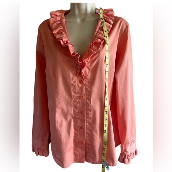 Soft Surroundings peach color, long sleeve blouse with ruffled collar size L - Picture 5 of 6
